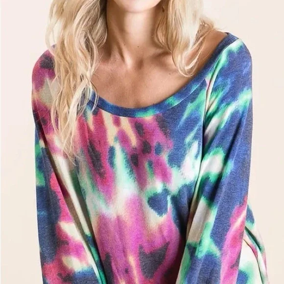 BiBi Tie Dye Print Terry Top with Puff Sleeves - Picture 3 of 10